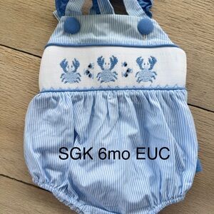 Charming Blue Striped Baby Romper with Crab Design